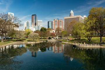 Charlotte, North Carolina skyline cityscape on a spring day with copy space