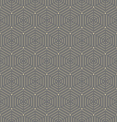 Geometric repeating vector ornament with golden hexagonal dotted elements. Geometric modern ornament. Seamless abstract modern pattern