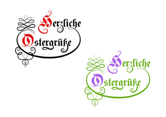 Frohe Ostern Schriftzug Vorlagen, Ostergrüße auf deutsch „Herzliche Ostergrüße“ Vektor Illustration isoliert auf weißem Hintergrund