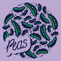 Peas vector circle pattern with lettering. Funny doodle healthy food on a light background.
