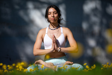 Beautiful young woman does yoga in the nature.