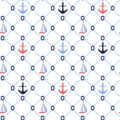 Mesh look structure nautical seamless vector pattern background with anchors and sailboats in blue, coral and white. Perfect for coastal style theme, fabric, home decor, scrapbooking projects.