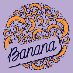 Banana vector circle pattern with lettering. Funny doodle healthy food on a light background.