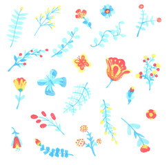 Vector set of fantasy flowers and leaves in folk style, great design elements for cards, posters, leaflets, wedding, birthday and holiday banners vintage floral decoration