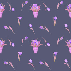 Seamless pattern hand-drawn watercolor. Spring pink tulips