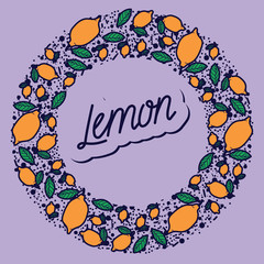 Lemon vector circle pattern with lettering. Funny doodle healthy food on a light background.