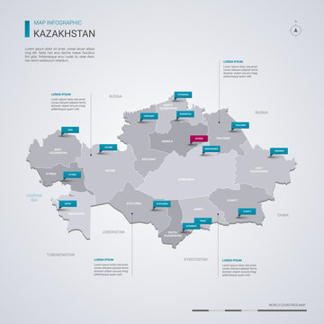 Kazakhstan vector map with infographic elements, pointer marks.