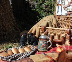 Rustic Picnic Basket with Binoculars and Beer Stein