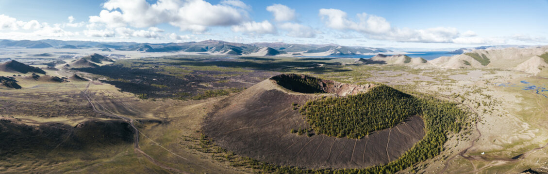 aerial panorama of khorgo uul volcano, mongolia
