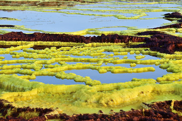 Salt deposits in acid lake of Dallol volcano. Ethiopia