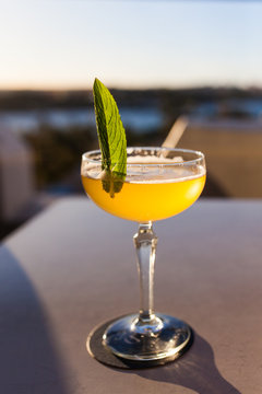 Cocktail with mint leaf in sunlight