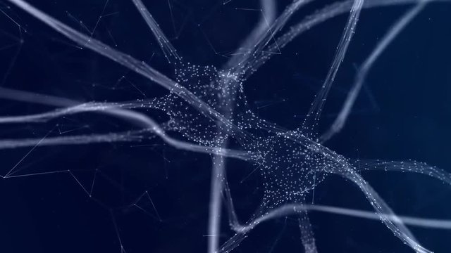 Three-dimensional artistic brain neuron cells motion on black background. 