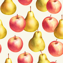 Red apples and yellow pears hand drawn seamless pattern. Colorful watercolor fruit background.