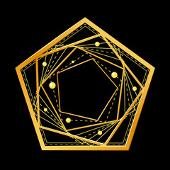 Simple abstract golden geometric shape from intersecting lines, pentagon. Decorative element for graphic design, symbol, logo. Isolated on black background. Eps10 vector illustration.