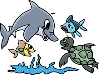 Cartoon sea animals playing in water vector illustration