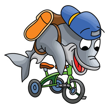 Cartoon dolphin character riding a tricycle going to school vector illustration