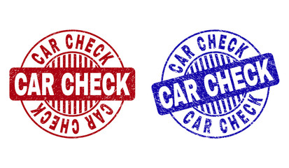Grunge CAR CHECK round stamp seals isolated on a white background. Round seals with distress texture in red and blue colors. Vector rubber imitation of CAR CHECK title inside circle form with stripes.