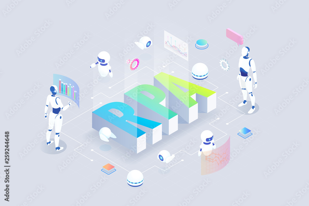 Poster isometric concept of rpa, artificial intelligence, robotics process automation, ai in fintech or mac
