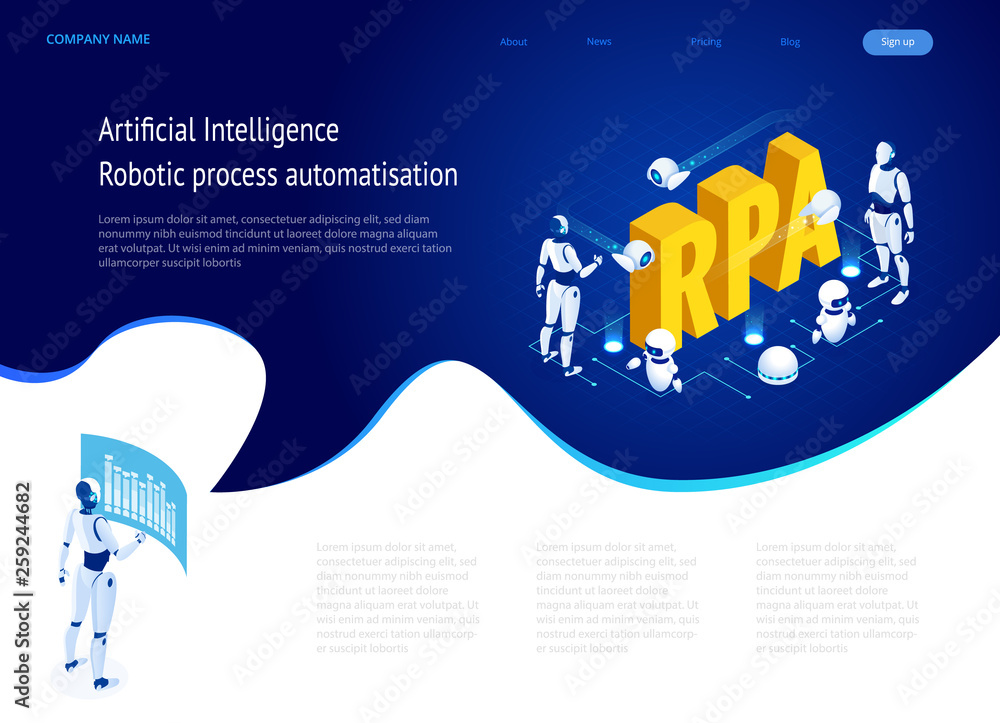 Poster isometric concept of rpa, artificial intelligence, robotics process automation, ai in fintech or mac