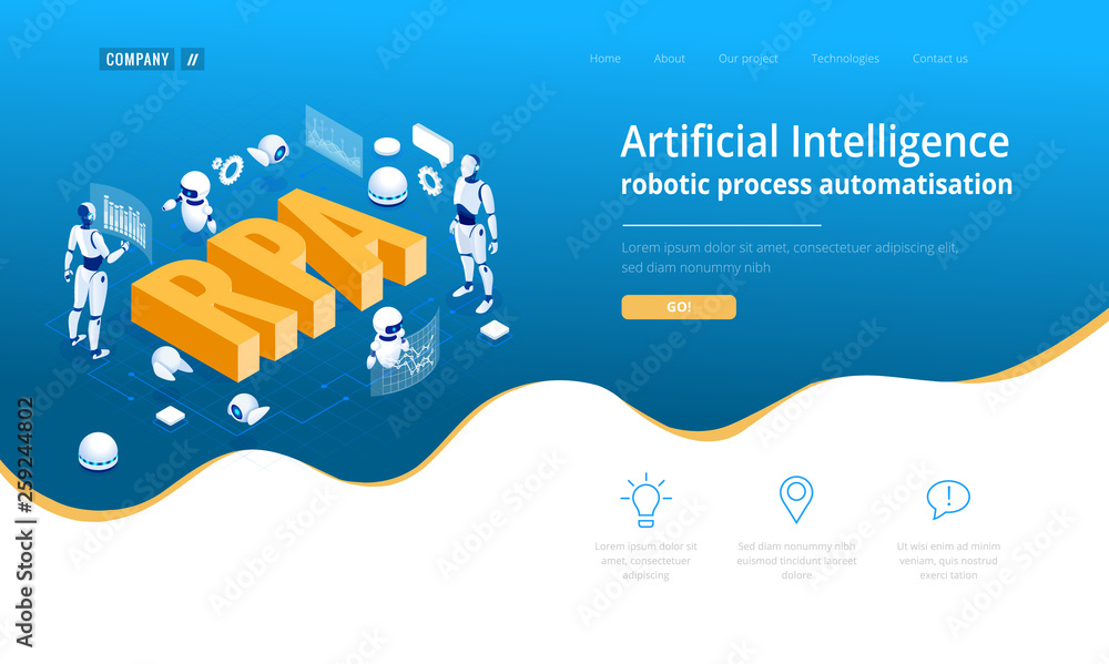 Poster isometric concept of rpa, artificial intelligence, robotics process automation, ai in fintech or mac