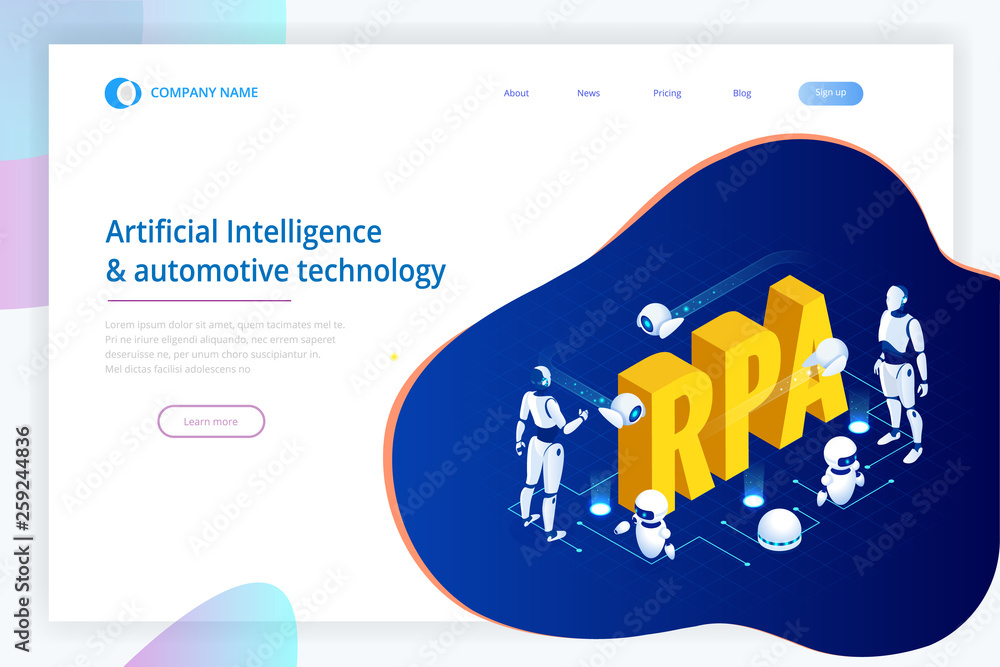 Poster isometric concept of rpa, artificial intelligence, robotics process automation, ai in fintech or mac