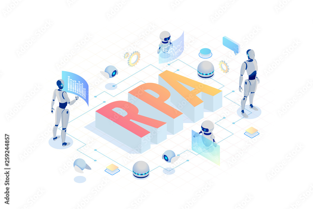 Poster isometric concept of rpa, artificial intelligence, robotics process automation, ai in fintech or mac