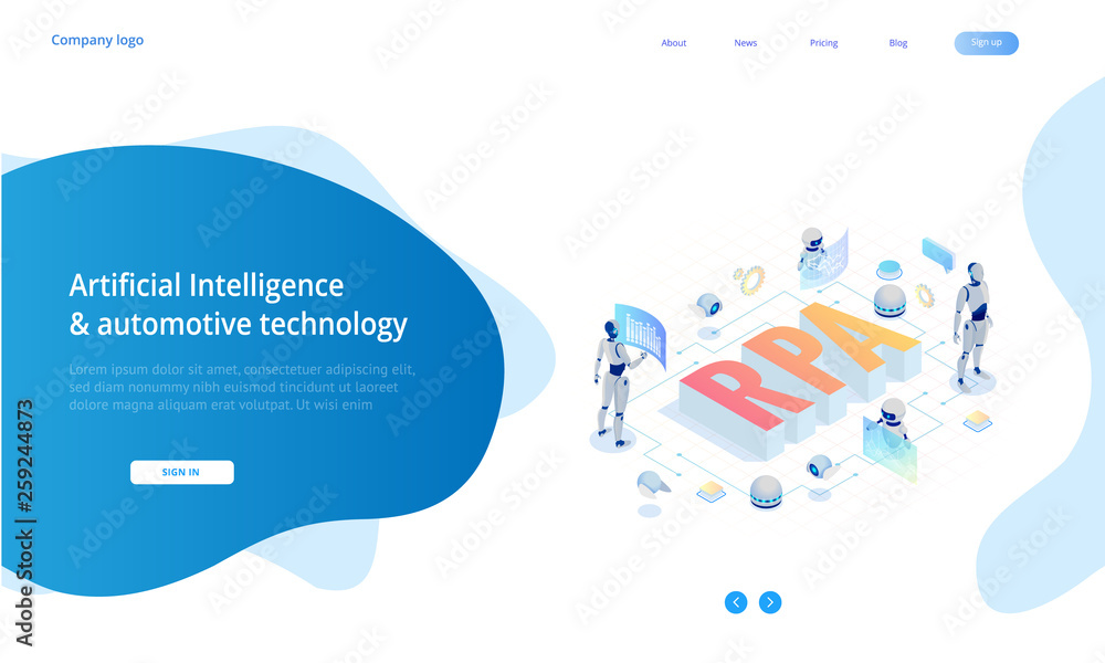 Poster isometric concept of rpa, artificial intelligence, robotics process automation, ai in fintech or mac