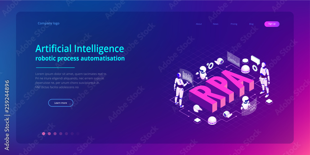 Poster isometric concept of rpa, artificial intelligence, robotics process automation, ai in fintech or mac