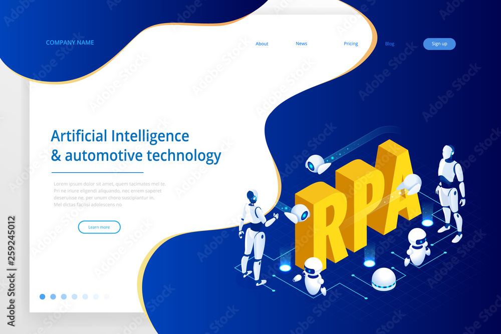 Poster isometric concept of rpa, artificial intelligence, robotics process automation, ai in fintech or mac