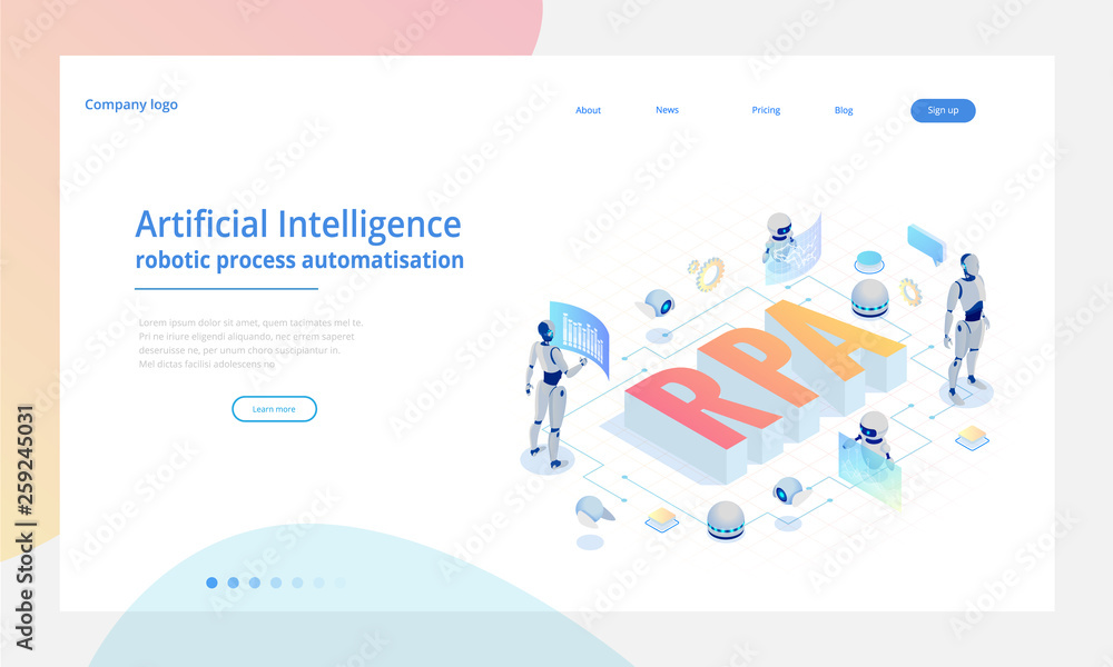 Poster isometric concept of rpa, artificial intelligence, robotics process automation, ai in fintech or mac