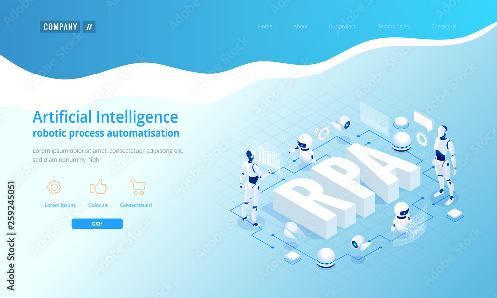 Poster isometric concept of rpa, artificial intelligence, robotics process automation, ai in fintech or mac