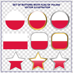 Bright set of buttons with flag of Poland. Colorful illustration with flag for web design. Illustration with transparent background.