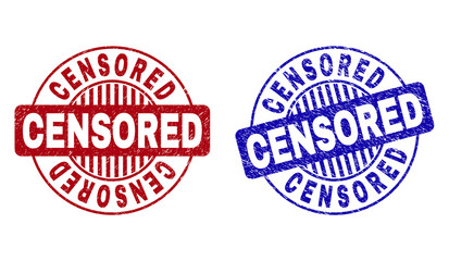 Grunge CENSORED round stamp seals isolated on a white background. Round seals with grunge texture in red and blue colors. Vector rubber imprint of CENSORED title inside circle form with stripes.