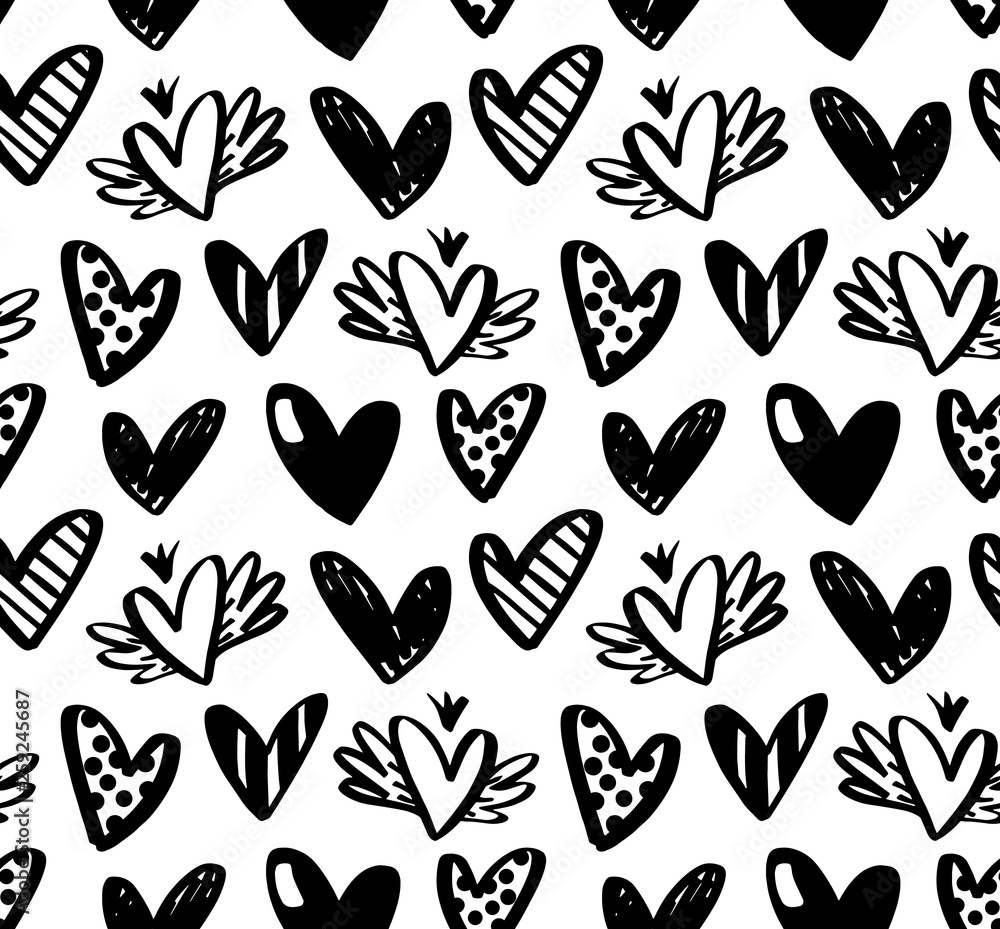 Poster vector seamless pattern with hand drawn hearts isolated on white background. heart symbol by hand. v