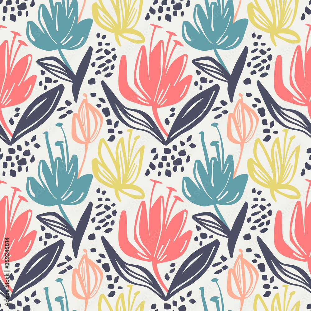 Poster vector seamless floral pattern with mute color minimalistic flowers on light background,botanical sp