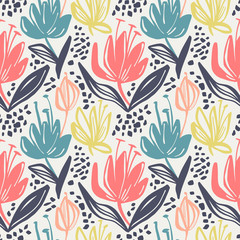 Vector seamless floral pattern with mute color minimalistic flowers on light background,botanical spring print design. Hand drawn repeatable multicolor backdrop.