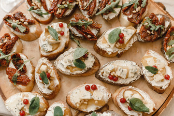 A variety of sandwiches and quick snacks - tapas on a wooden saw. Spanish specialty