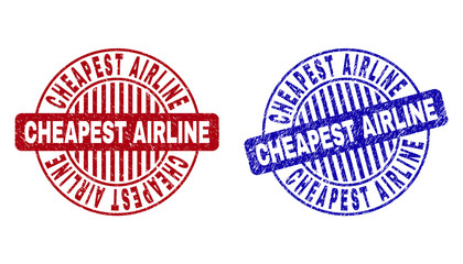 Grunge CHEAPEST AIRLINE round stamp seals isolated on a white background. Round seals with grunge texture in red and blue colors.