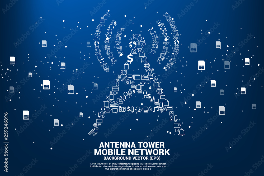 Poster Antenna tower icon from mobile service functions. Concept for mobile telecommunication global network.