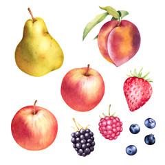 Apples, pears, peach, raspberry, blueberry, strawberry hand drawn set. Colorful watercolor isolated fruit.