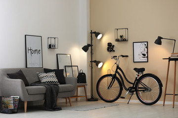 Modern living room interior with comfortable sofa and bicycle