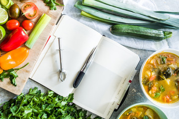 Minestrone recipe, tasting and writing rcipe on cook book about italian minestrone soup,. with...