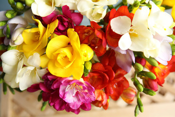 Beautiful spring freesia flowers on stand, closeup