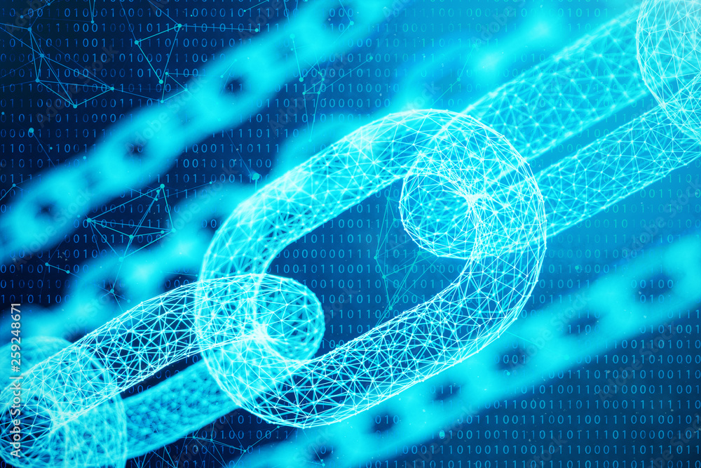 Poster 3d illustration digital block chain code. chain links network. low polygonal grid of triangles glowi