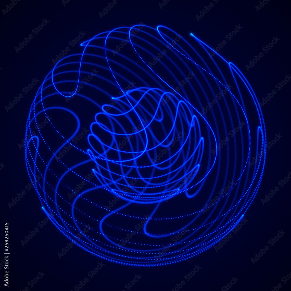 Poster Abstract 3d sphere. Sphere with twist lines. Glowing lines twisting Logo design. Outer space object. Futuristic technology style. Sphere particles. 3d rendering.