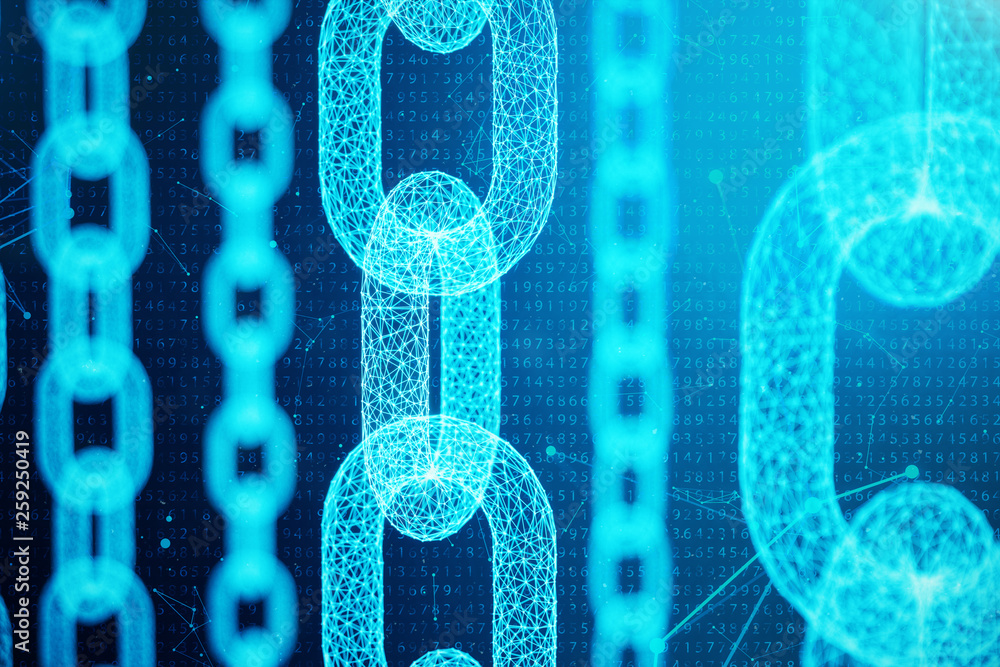 Poster 3d illustration digital block chain code. chain links network. low polygonal grid of triangles glowi