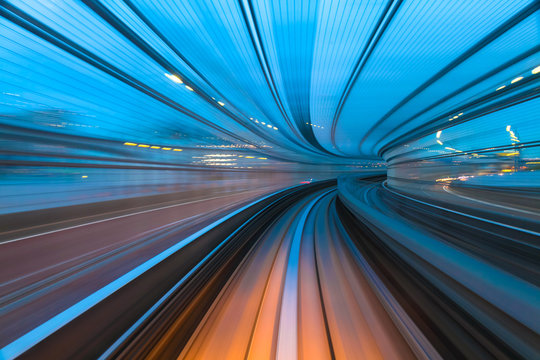 Speed and Motion. Train Ride through a Tunnel  in a Modern City.