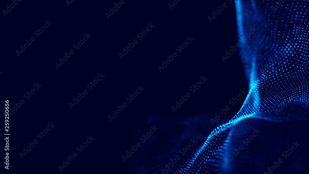 Poster wave 3d. wave of particles. abstract blue geometric background. big data visualization. data technol
