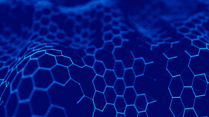Futuristic blue hexagon background. Futuristic honeycomb concept. Wave of particles. 3D rendering. Data technology background