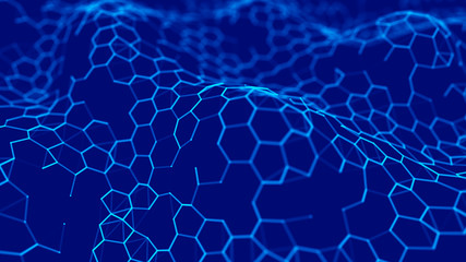 Futuristic blue hexagon background. Futuristic honeycomb concept. Wave of particles. 3D rendering. Data technology background